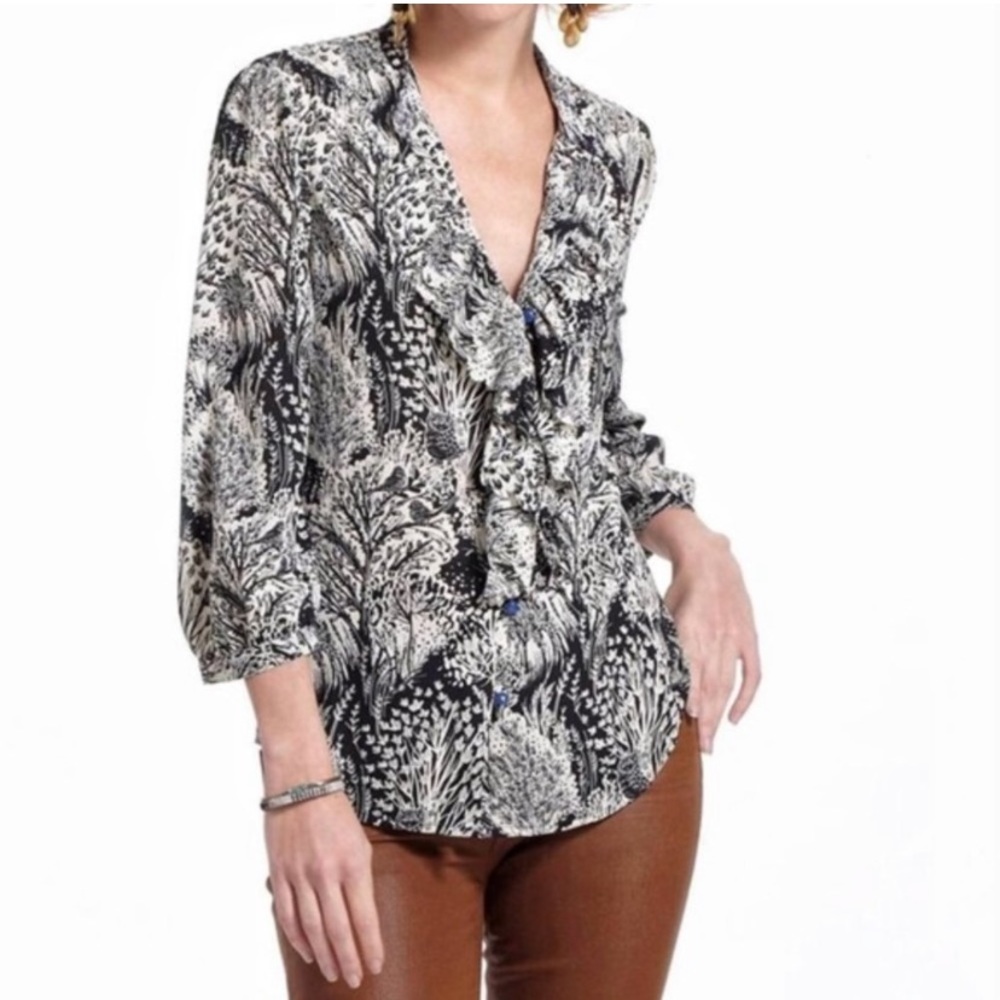 Anthro HD in Paris Black and White Print Blouse Woodland Owl Birds